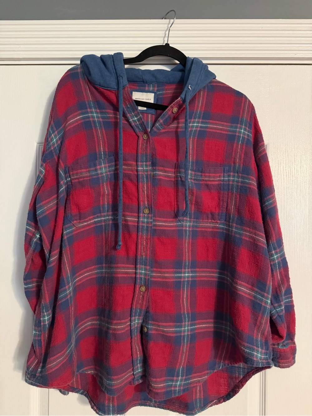 American Eagle Outfitters Red & Blue Plaid Hooded Flannel Shirt
